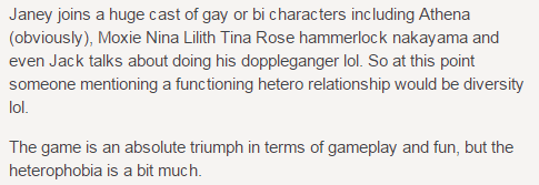 kermapippurisaatana: elfington:  vintar:   trelyate:   I keep stumbling upon straight people being all confused about why Borderlands has more than one gay character and it’s probably my favorite shit right now   it’s beautiful   Oh my god, thanks