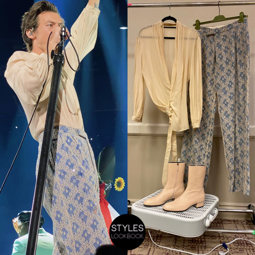 For his Love On Tour show in Glendale, Harry wore a custom Gucci look featuring a cream wrap blouse 
