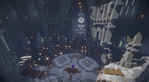 Internal shot of an amazing cathedral build by Setrif on Apex Minecraft server.  You can watch Sek b