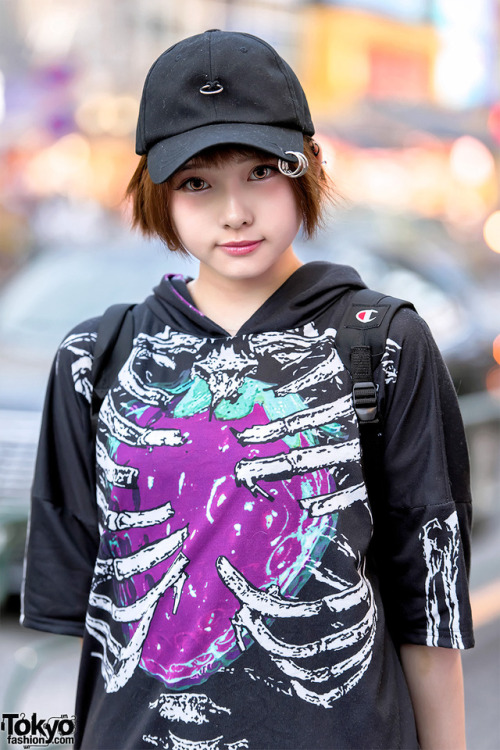 tokyo-fashion: Shiu on the street in Harajuku wearing a skeleton print hooded shirt dress from ACDC 