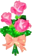 sticker of a bouquet of three pink roses, wrapped in a light pink bow. the sticker has a foil finish that gives it a slight shine.