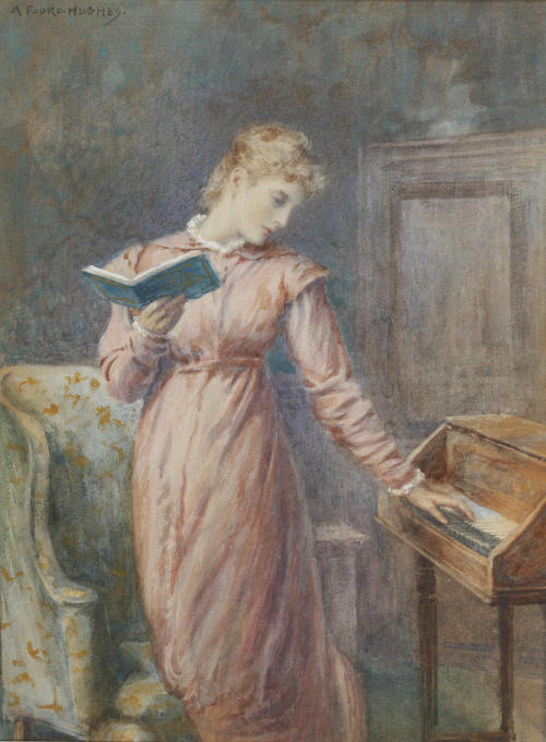 A lady reading while playing the spinet. Arthur Foord Hughes (British, 1856-1914). Watercolour heigh