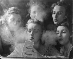 fawnvelveteen:Members of the Young Women’s Republican Club of Milford, Connecticut, explored the pleasures of tobacco, poker, the strip tease, and such other “masculine” enjoyments. Here, the women play poker and smoke. Photo by Nina Leen, 1940s