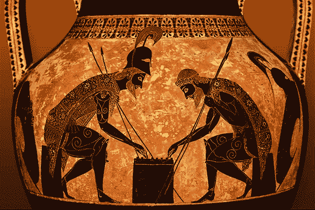 hellas-inhabitants:  Achilles (left) and Ajax, playing a dice game, waiting for departure for Troy. Work of Exekias, detail from an Athenian black-figure amphora from Vulci of Italy, around 540-530 BC- Vatican Museum, Rome.  Ο Αχιλλέας (αριστερά)