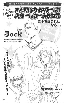 fuku-shuu:  The high school AU from the Shingeki no Kyojin ANSWERS Fanbook!   Featuring Jock Reiner, Queen Historia, Goth Mikasa, Bad Boy Jean, and more…all by Isayama Hajime! ETA: Added hi-res scans of all the pages! 