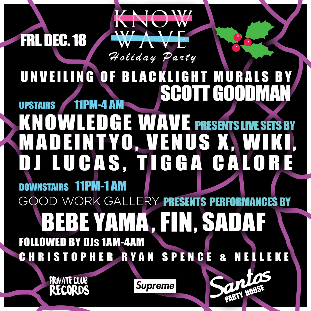 Good Work Gallery invites you to the unveiling of new wall pieces by Scott Goodman in conjunction with The Moran Bondaroff Holiday Party and Knowledge Wave at Santos Party House. The evening will feature performances curated by Sara Blazej in which...