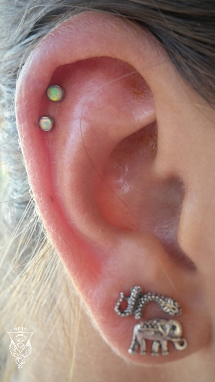 Cute double helix with white opals from NeoMetal, done while at Living Art Piercing. Taking appointm