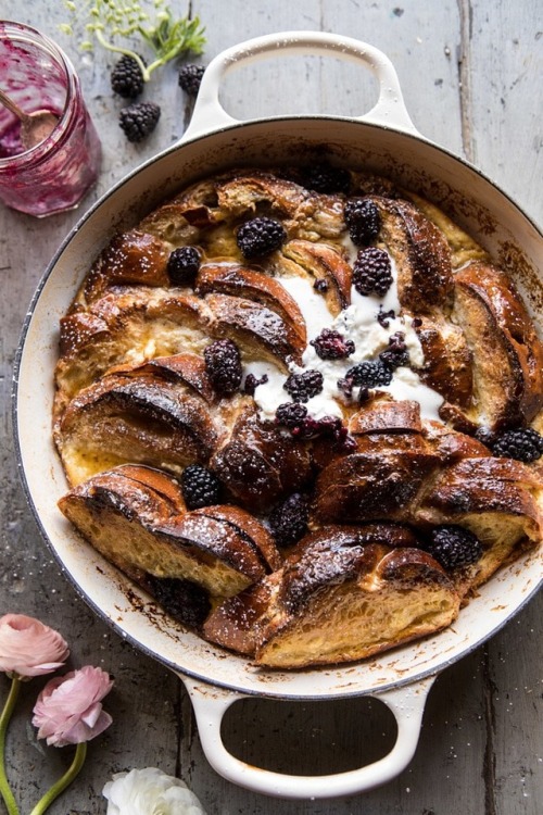 sweetoothgirl:  baked blackberry ricotta french toast  That is challah, which makes the best French toast