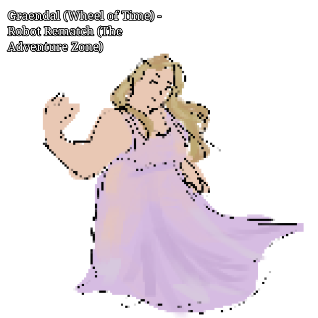 Text: "Graendal (Wheel of Time) - Robot Rematch (The Adventure Zone)". Graendal is pixelated, wearing a sheer purple dress and grinning. She's holding one hand up in a classic magical pose.