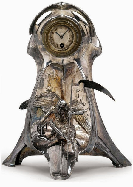 artnouveaustyle:“A Chronos table clock, J. P. Kayser Sohn, Krefeld, c. 1900, silver plated met