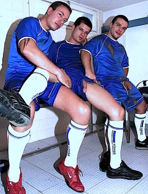 underwearsex:  mattmarine:  Three in blue  three soccer lads playing in kit