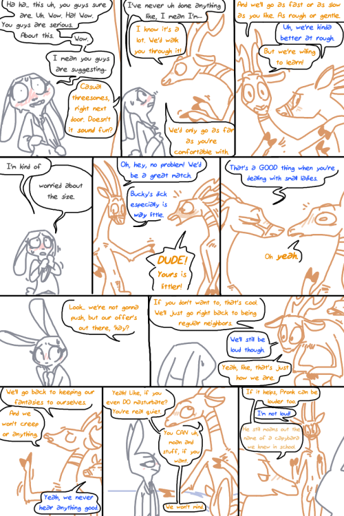 tgweaver:  The Neighbors’ Toy Starring Judy Hopps, and Bucky and Pronk Oryx-Antlerson After arriving in Zootopia but before beginning active duty, Judy Hopps has a strange encounter with her neighbors. This comic contains adult material.   sorry for