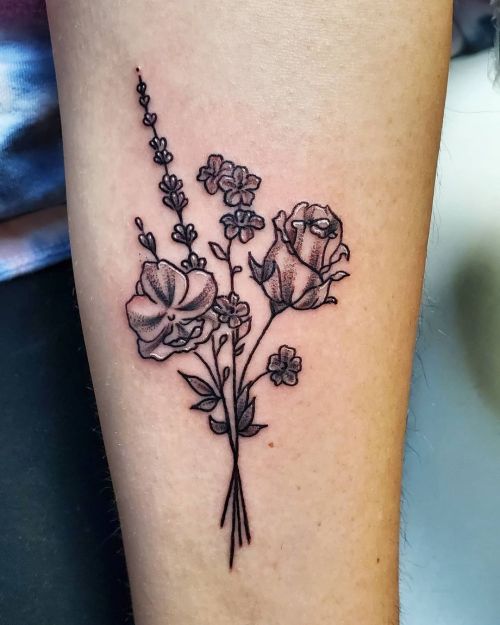 <p>Small bouquet from today at The Phoenix.   Thanks for coming in Nicole, it was great working with you again! <br/>
.<br/>
#ladytattooer #thephoenix #copperphoenix #shelbyvilleindiana #indianapolistattoo #indylocal #do317 #indytattoo #circlecity #waverlycolorco #industryinks #yournewfavoriteink #eztattooing #wearesorrymom #stigmarotary #bouquet #floraltattoo #tinytattoos #blackandgray #blackandgrey  (at Shelbyville, Indiana)<br/>
<a href="https://www.instagram.com/p/CMu3SNVrZrU/?igshid=34qj6l5p1v">https://www.instagram.com/p/CMu3SNVrZrU/?igshid=34qj6l5p1v</a></p>