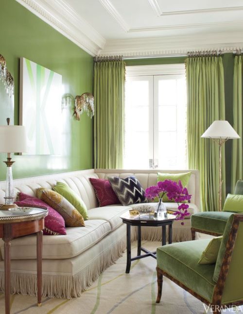 thefoodogatemyhomework: In love with these green walls and draperies — and sconces and bullion fring