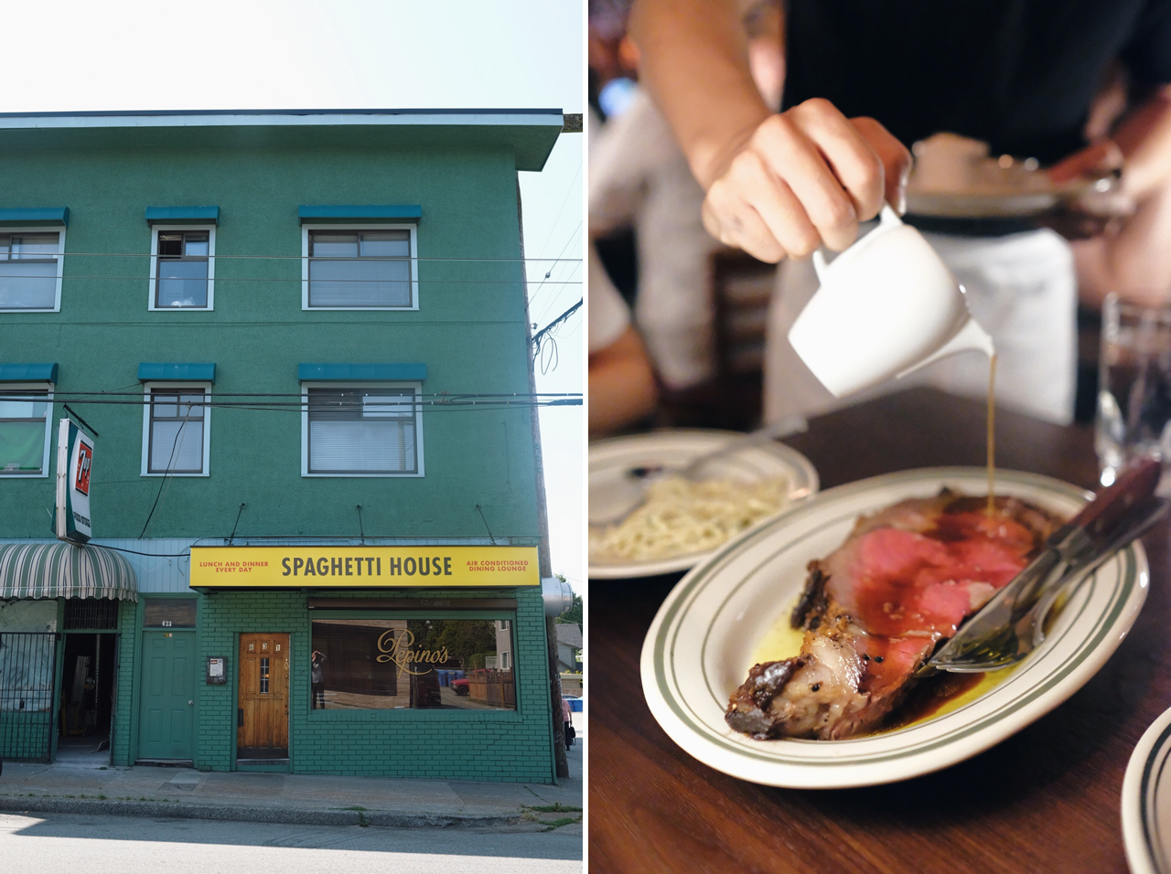 Pepino’s Spaghetti House x Commercial Drive.
• Prime rib au jus: peppercorn-crusted Alberta AAA beef with olive oil, sea salt, horseradish with spaghetti in garlic.