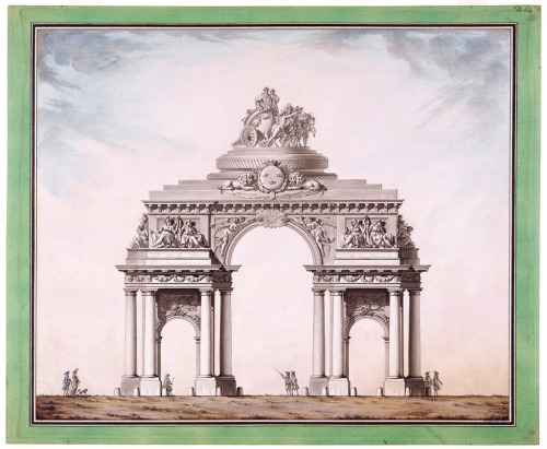 Triumphal Arch with the Royal Swedish Coat of ArmsLouis Gustave Taraval (Swedish; 1738–1794)1767Pen 