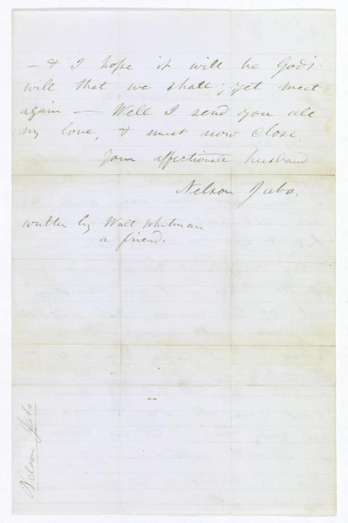 Carta escrita por Walt Whitman de quando esteve na guerra no trabalho voluntário de escrever cartas às famílias dos soldados que iam morrer.
A carta está assinada por Robert N. Jabo, soldado do 8.º de Infantaria de New Hampshire, e é dirigida à sua...