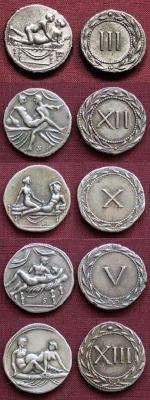 museum-of-artifacts:   Spintrii, ancient tokens used to enter Roman brothels   