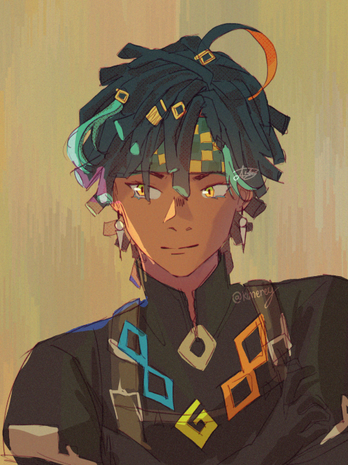 Digital drawing of the new natlan dendro polearm character. He has darker skin and braids that have teal accents. He is looking to the side with a soft smile while crossing his arms.