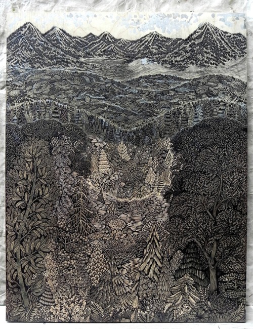 cubebreaker:Artists Paul Roden and Valerie Lueth of the Tugboat Printshop spent 2 years meticulously carving this woodcut forest landscape. 