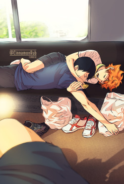 cinnamonrub:  KageHina redraw of the cute boys sleeping on the train which I found scattered all over FB. If you know the source of the original photo, kindly tell me asap!I made the mistake of drinking strong coffee so now my hand is twitching and my