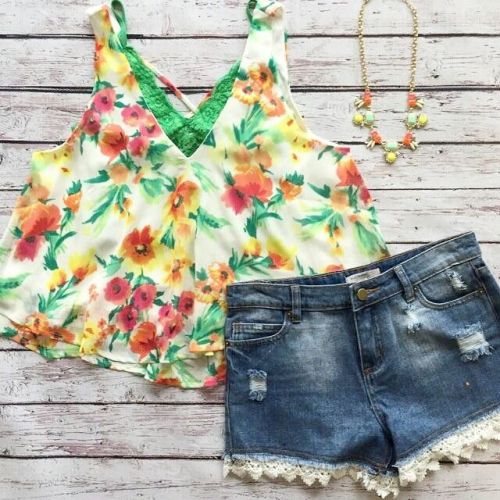 Floral tank top and denim shorts.