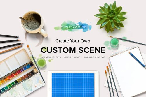 trendgraphy:  2 Custom Scenes: Create your own virtual spaces (Mockups)This awesome piece of photoshop files makes spaces just dragging and dropping predetermined elements. So if you feel like you need a picture or mockup of a moleskine next to an iPad,