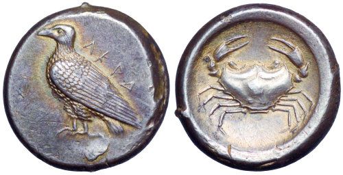 archaicwonder:Didrachm from Akragas, Sicily, c. 495-478 BCA sea eagle standing left with folded wing