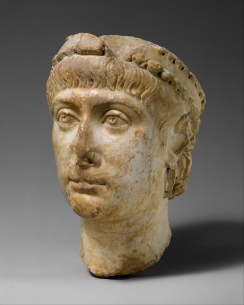 artofthedarkages:A diademed portrait bust of the Roman emperor Constans. Carved out of marble. Made 