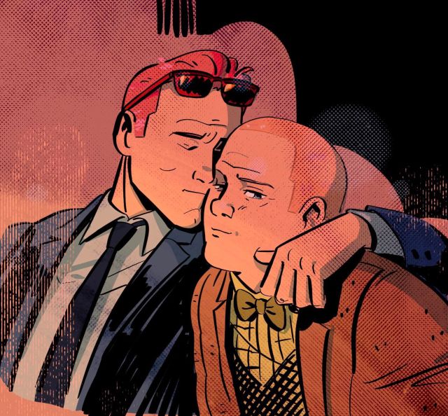 Comic Matt and Foggy, Matt is leaning onto Foggy, Foggy's hair is very short, foreheads touching, Matt's glasses are on a top of his head, bc I'm dull and draw the same thing at least twice