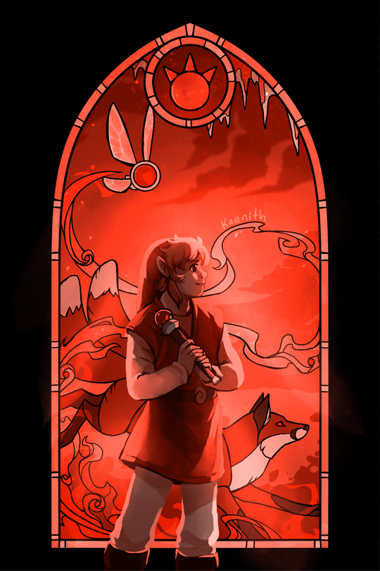 A digital drawing of Red from Four Swords standing in front of a stained glass window depicting a fox, a fairy, and a swirl of magic fire.