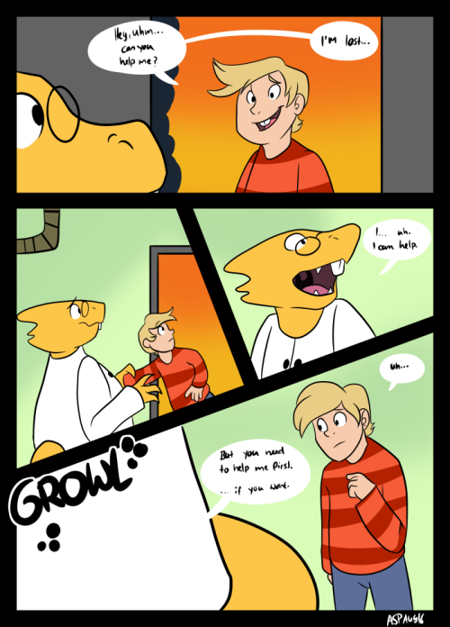 pinkahmena: Commission featuring Alphys and a random kid, from Ekas. Alphys finds herself starving, 