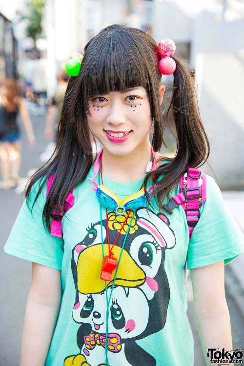 16-year-old Japanese students Tsunamayo Milk and Tominihina on the street in Harajuku wearing colorf