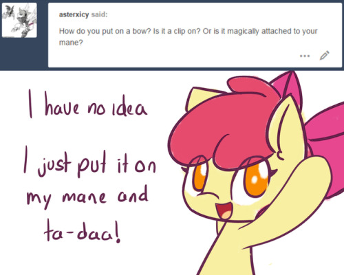 asklittleapplebloom: AppleBloom answer Random Questions (Part 2) Owww girls nwn long time to not see you here… by the way, they didn’t know about the diaper 7//////7 well… until today… Now Scoot is gonna remind me that for the rest of my life TnT