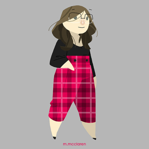 [Description: A cartoon of myself wearing a dark scoop neck shirt and high-waisted plaid red pants.]
