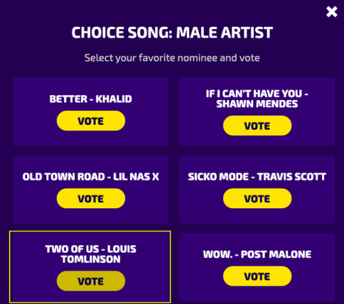 louistomlinsoncouk:Two Of Us has been nominated for a Teen Choice Award!To vote:via website (if outs