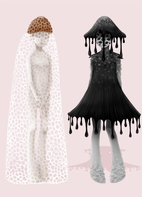 saccstry:The finished versions of my fungus girls! Took forever since there’s 8 of them but I like how they turned out :D Bleeding Tooth, Rosy Veincap, Veiled Lady, Inky Cap, Sea Anemone, Red Cage, Morel, Amethyst Deceiver. Here were the sketch versions.
