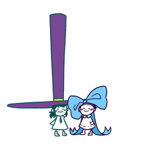 A doodle of hat kid and bow kid from a hat in time. They are drawn tiny and with a derpy face. Hat kid's hat is comically gigantic, almost four times her height. Bow kid's bow is also huge, bigger than her head with the ribbons dragging on the floor.