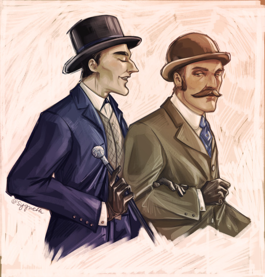 Fanart depicting Holmes and Watson walking arm in arm, in a style inspired by the illustrator J.C. Leyendecker.