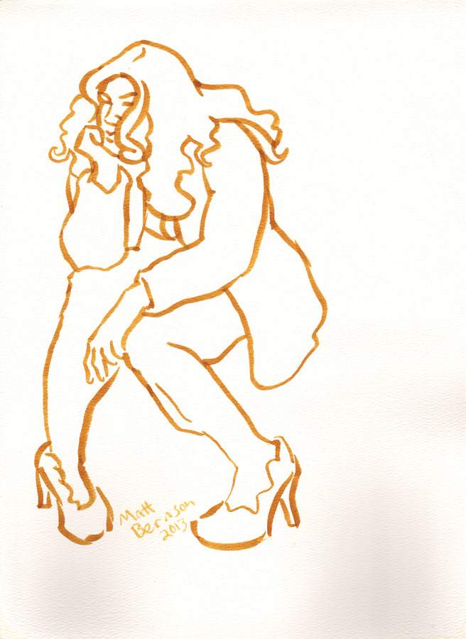 Drawings of Fonda Feeling done at Dr. Sketchy&rsquo;s Boston.  ink/watercolor