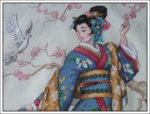 Elegance of Orient - This was ordered from USA Dimensions Gold Collection. Counted cross stitch kit contains: 18 count ivory Aida fabric, cotton embroidery thread with thread palette, needle, and easy instructions which include an easy-to-read multi...