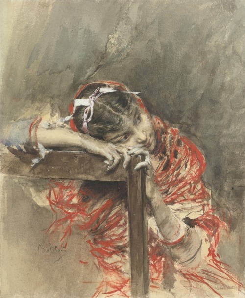 A girl wearing a red shawl.Watercolour and gouache on paper.30 x 24 cm.Art by Giovanni Boldini.(1842