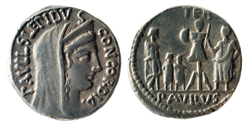 lionofchaeronea:Denarius (62 BCE) of Lucius Aemilius Lepidus Paullus.  On the obverse, the goddess C