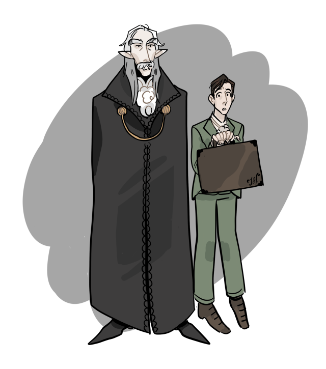 dracula and jonathan harker standing side by side. dracula is tall, with long white hair, heavy eyebrows and a mustache. he is wearing an all black ensemble. jonathan stands fearfully next to him, clutching his briefcase and dressed in a green suit.