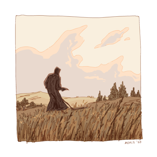 Grim reaper mows his lawn