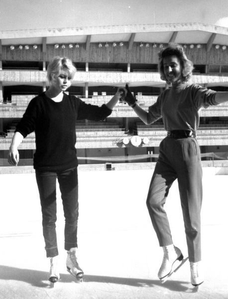 Brigitte Bardot learns how to ice skate. 1958.