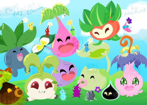 Digital lineless painting of various plant-like monsters from different franchises. The text reads "Plant Adjacent Friends by vidramon." Pictured are (roughly from left to right) Oddish, jumping up from the grass with a yellow Pikmin sitting in its leaves, a deku scrub in the bottom corner, Tanemon, a purple (standard) tree slime from DQ with a red Pikmin on its leaves, a pink tree slime (modeled after Bud from Rocket Slime) with a poison Pikmin hanging from its leaf, Leafmon with a blue Pikmin sitting on its leaf, Leafan, a winged Pikmin, Nyokimon, and Yokomon. In the foreground are an ice Pikmin, purple Pikmin, and rock Pikmin, all sitting down. The background is grass and blue sky with a couple clouds. Most of the depicted monsters are cheerful and smiling, with the exception of the Pikmin, who mostly maintain their neutral or slightly askance expressions.