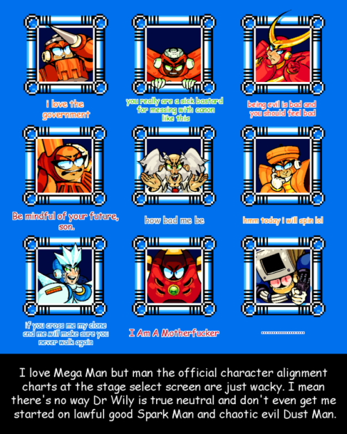 “I love Mega Man but man the official character alignment charts at the stage select screen are just