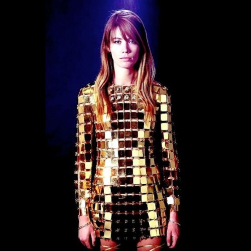 ☆ Françoise Hardy in a Paco Rabanne dress, made of gold and diamonds for the opening of the first in