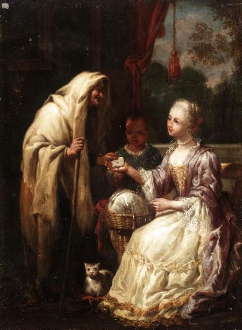 Antonio Mercurio Amorosi (1660–1738)Interior with a fortune teller and a young lady, a page beyond